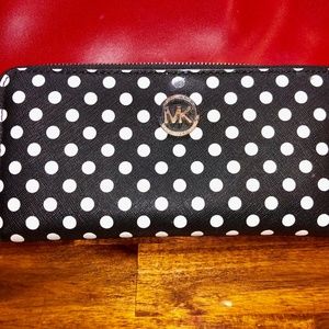 Michael Kors Black Leather and White Polka Dot Wal
